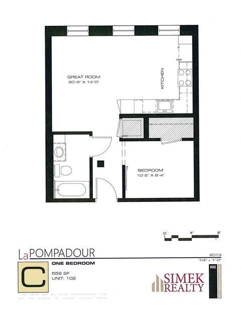 Floor plan for 1 bed, 1 bath, 559 sqft